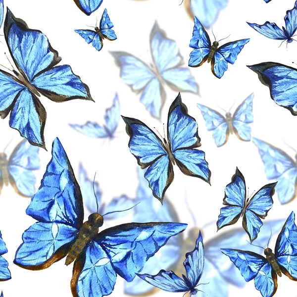 Beautiful blue summer watercolor butterflies on a white background, seamless pattern — 스톡 사진