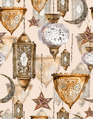 Traditional watercolor seamless background with arabic lantern, stars and moon