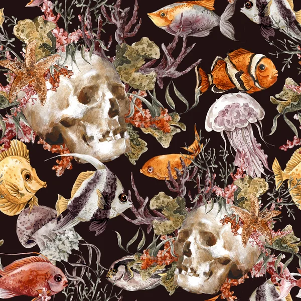 Aquarell schäbiges Meeresleben nahtloser Hintergrund mit Totenkopf, Unterwasser-Aquarell-Illustration — Stockfoto