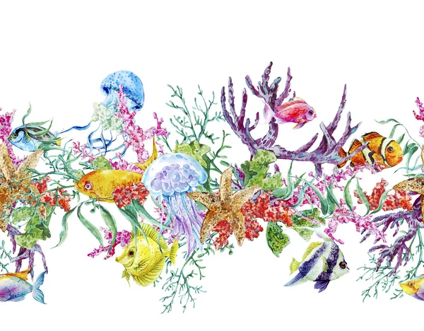 Summer Vintage Watercolor Sea Life Seamless Border with Seaweed Starfish Coral Algae, Jellyfish and Fish — Stock Fotó