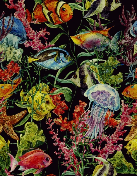 Watercolor sea life seamless background, underwater watercolor illustration — Zdjęcie stockowe