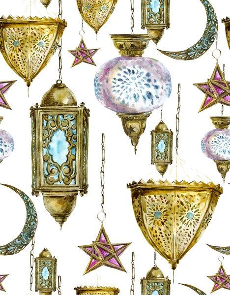 Traditional watercolor seamless background with arabic lantern, stars and moon