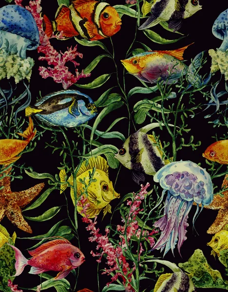 Aquarelle vie marine fond sans couture, illustration aquarelle sous-marine — Photo
