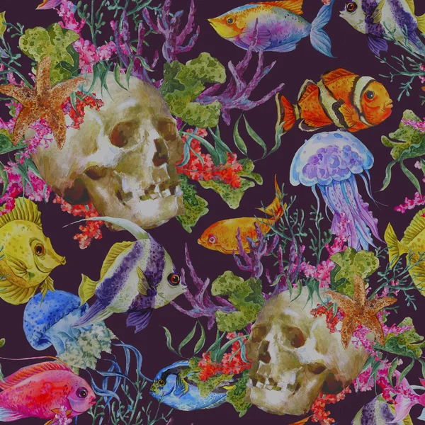 Watercolor shabby sea life seamless background with skull, underwater watercolor illustration — 图库照片