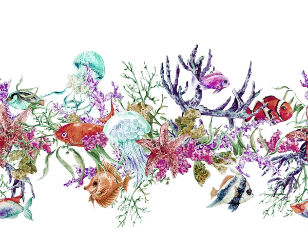 Summer Vintage Watercolor Sea Life Seamless Border with Seaweed Starfish Coral Algae, Jellyfish and Fish — ストック写真