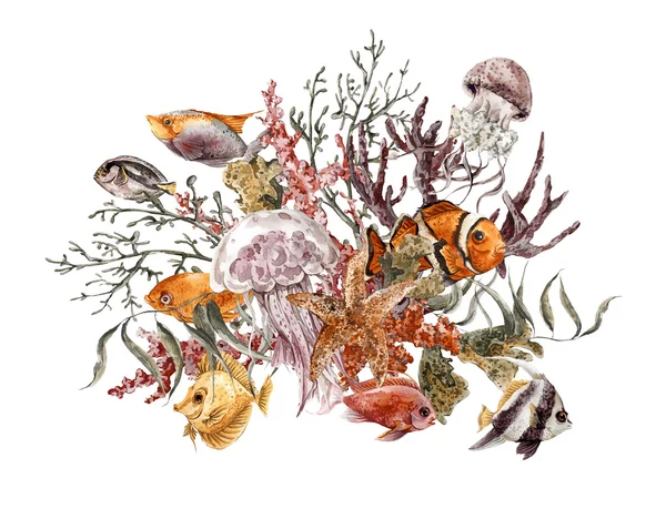Summer Vintage Watercolor Sea Life Greeting Card with Seaweed Starfish Coral Algae, Jellyfish and Fish — Stockfoto