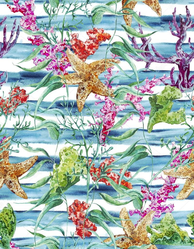 Watercolor sea life seamless pattern with seaweed starfish and coral on a striped background