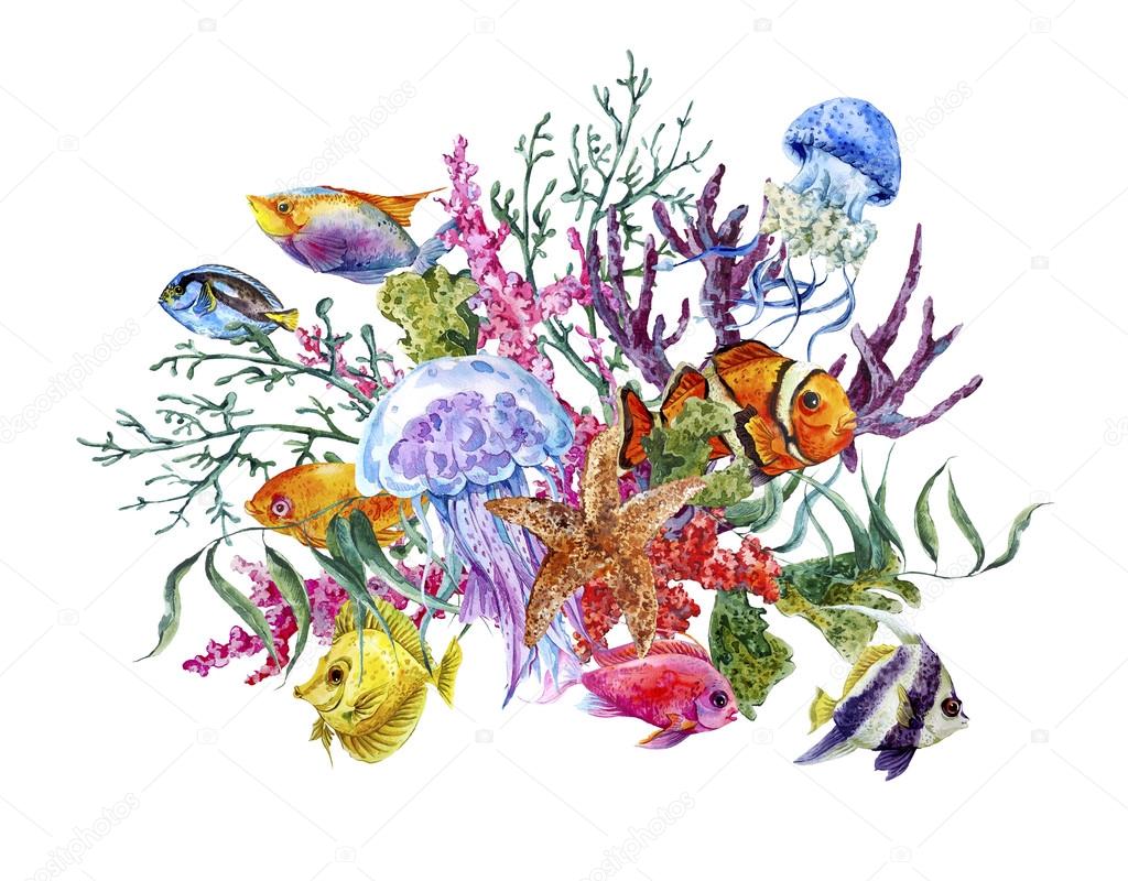 Summer Vintage Watercolor Sea Life Greeting Card with Seaweed Starfish Coral Algae, Jellyfish and Fish
