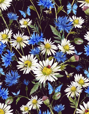 Summer Watercolor Vintage Floral Seamless Pattern with Blooming Chamomile and Daisies 