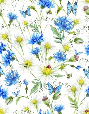 Summer Watercolor Vintage Floral Seamless Pattern with Blooming Chamomile and Daisies 