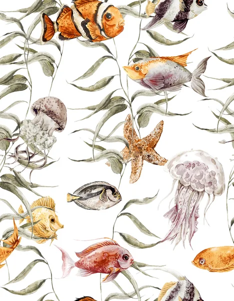 Watercolor sea life seamless pattern, underwater watercolor illustration — Stockfoto