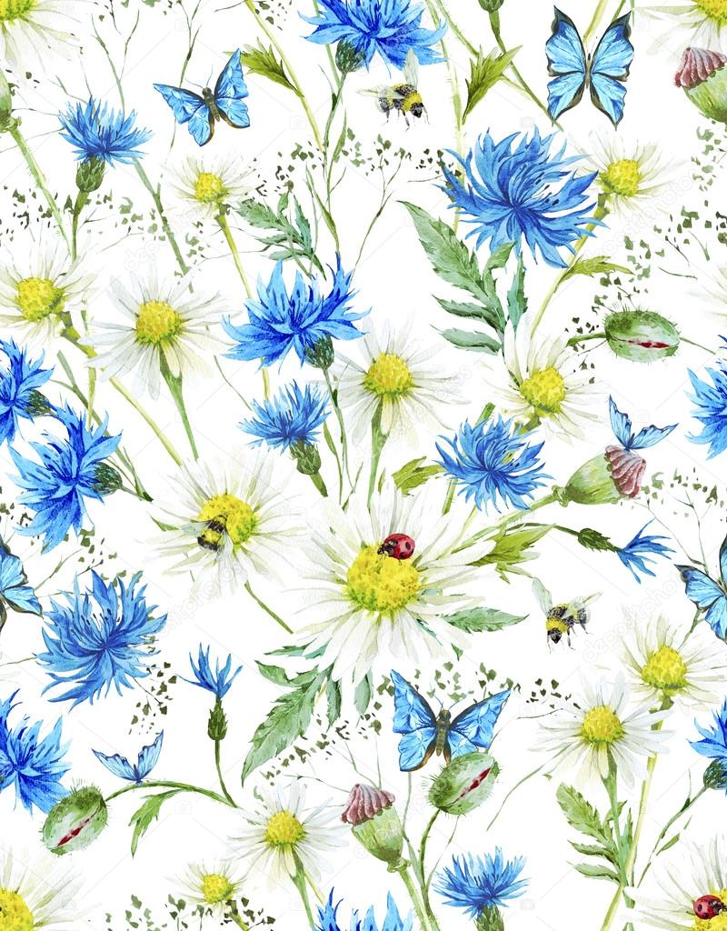 Summer Watercolor Vintage Floral Seamless Pattern with Blooming Chamomile and Daisies 