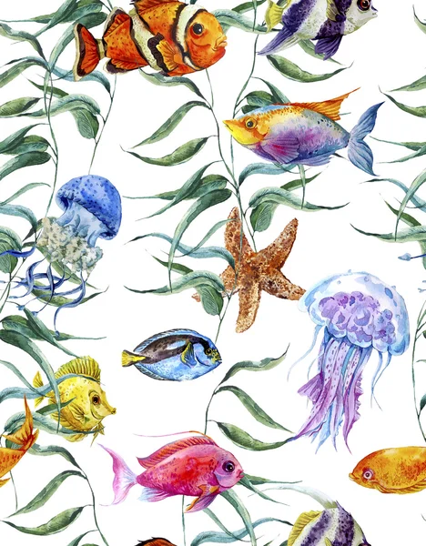 Watercolor sea life seamless pattern, underwater watercolor illustration — Stockfoto