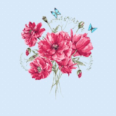 Hassas Vintage suluboya buket kırmızı haşhaş ve mavi kelebekler