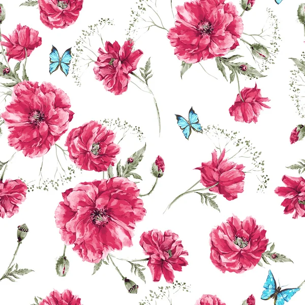 与红色罂粟花美丽温柔水彩复古夏天无缝模式 — 图库矢量图片