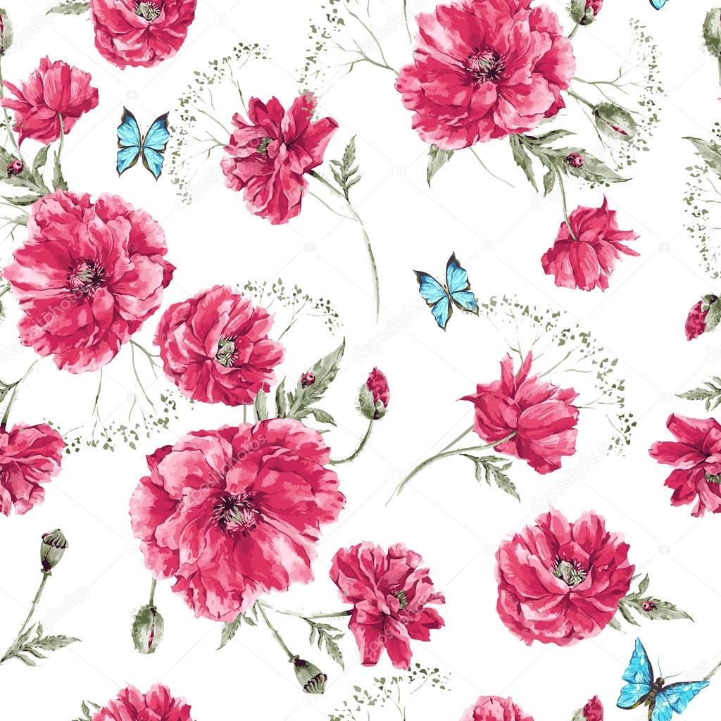 Beautiful gentle watercolor vintage summer seamless pattern with red poppies