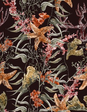 Shabby vintage watercolor sea life seamless pattern with seaweed starfish and coral