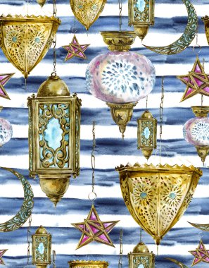 Traditional watercolor seamless pattern on a striped background with arabic lantern, stars and moon