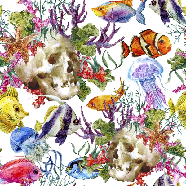 Watercolor shabby sea life seamless background with skull, underwater watercolor illustration — Stockfoto