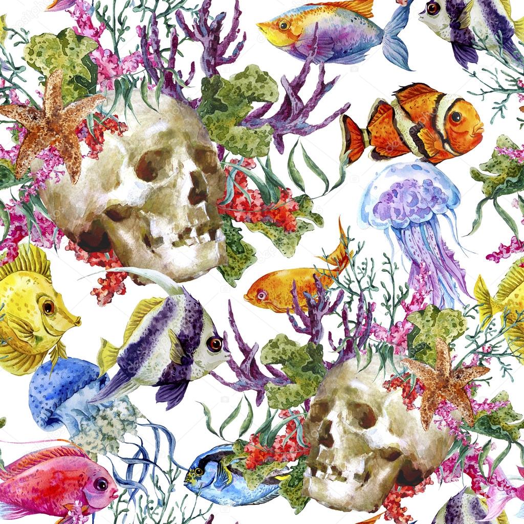 Watercolor shabby sea life seamless background with skull, underwater watercolor illustration