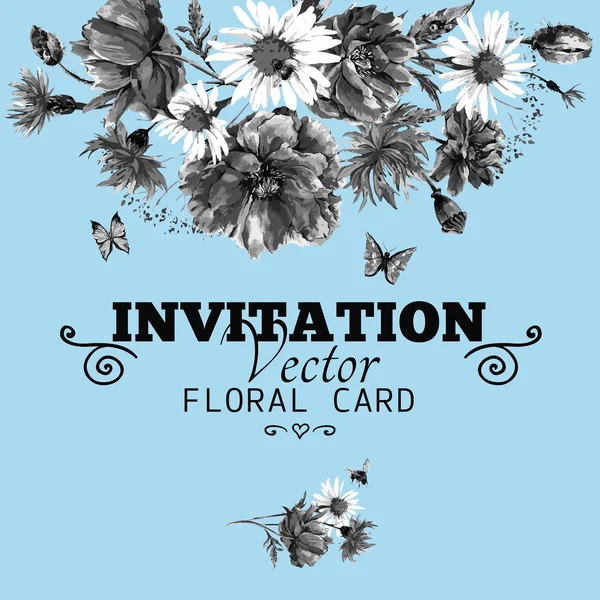 Watercolor monochrome floral greeting card with poppies, cornflowers and daisies — Stock vektor
