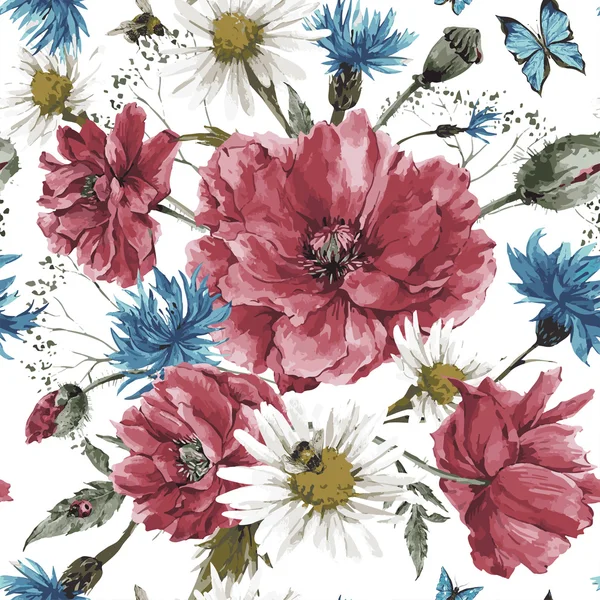 Vintage watercolor bouquet of wildflowers, shabby seamless pattern with poppies daisies cornflowers — ストックベクタ