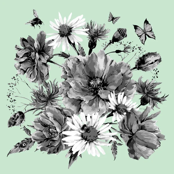 Vintage monochrom Aquarell Bouquet von Wildblumen, Mohn Gänseblümchen Kornblumen — Stockvektor