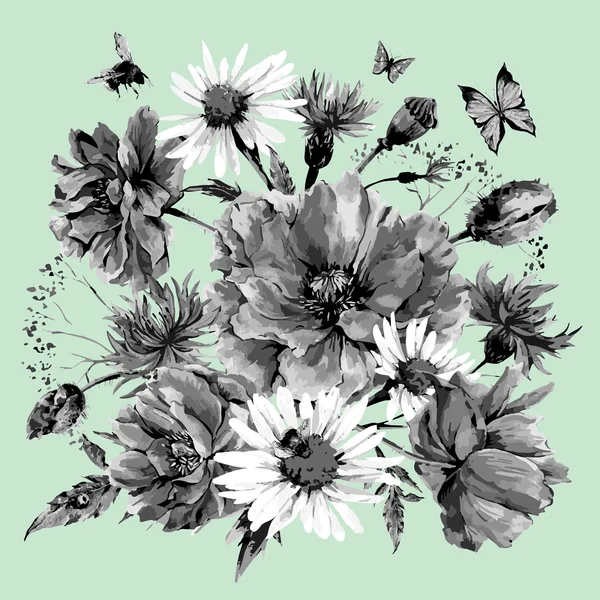 Ramo de acuarela vintage monocromo de flores silvestres, margaritas amapolas acianos — Vector de stock