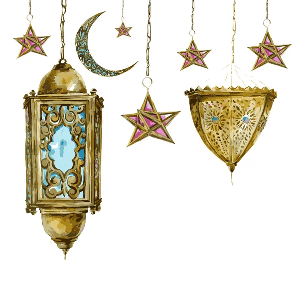 Traditional watercolor greeting card with arabic lantern, stars and moon — 图库矢量图片