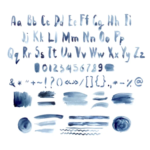 Alphabet aquarelle vectoriel bleu foncé, police dessinée à la main, lettres avec lignes de taches d'encre et traits — Image vectorielle