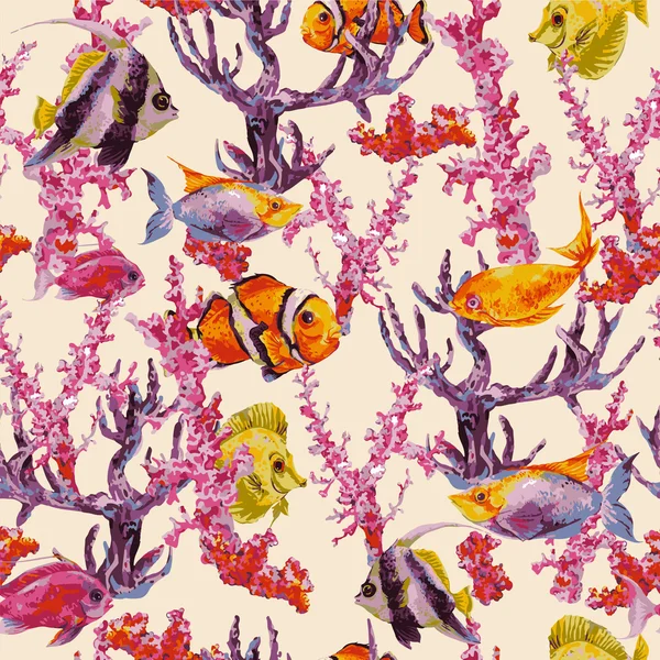 Summer Vintage Watercolor Sea Life Seamless Pattern — Stock Vector