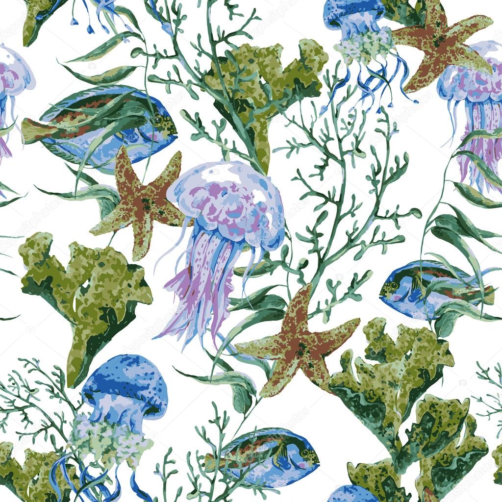 Summer Vintage Watercolor Sea Life Seamless Pattern on white background