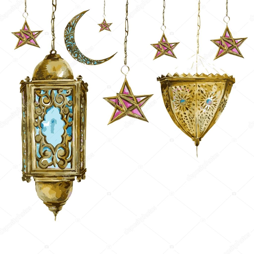 Traditional watercolor greeting card with arabic lantern, stars and moon