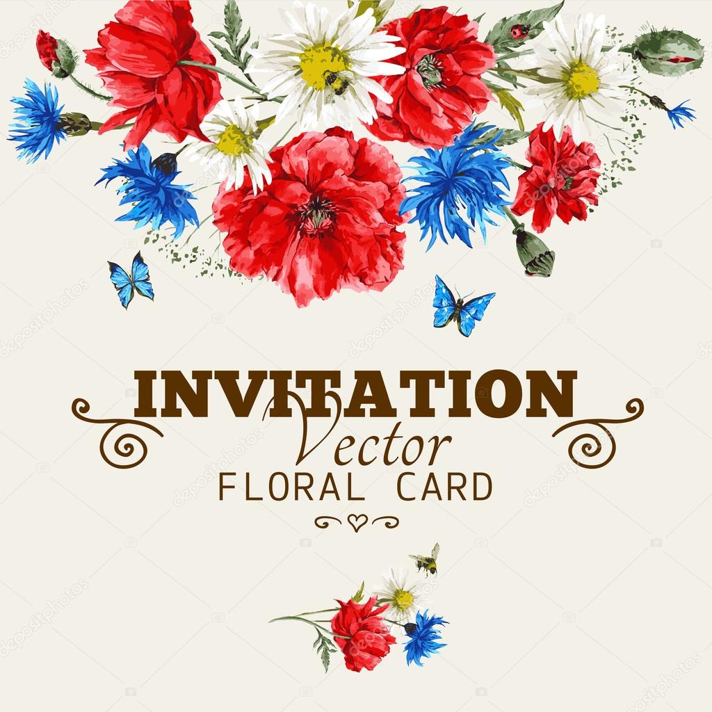 Watercolor floral greeting card with red poppies, cornflowers and daisies, watercolor vector illustration