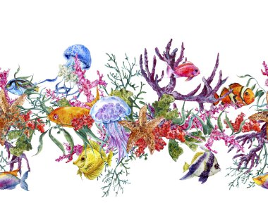 Summer Vintage Watercolor Sea Life Seamless Border with Seaweed Starfish Coral Algae, Jellyfish and Fish