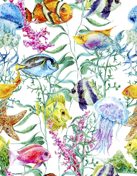 Watercolor sea life seamless background, underwater watercolor illustration — Stockfoto