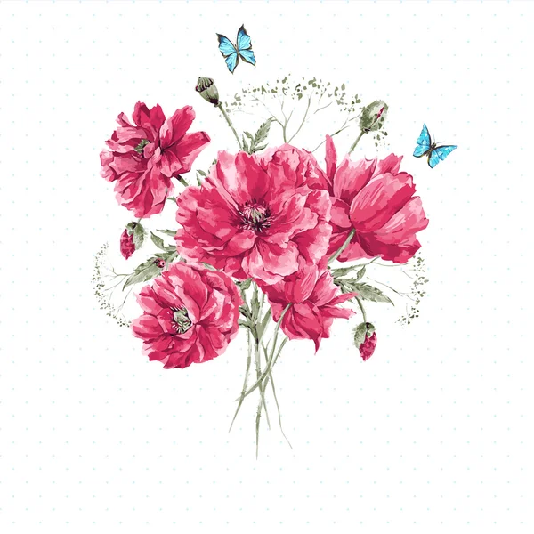 精致复古水彩束红色罂粟花和蓝色的蝴蝶 — 图库矢量图片