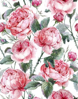 Classical vintage floral seamless pattern, watercolor bouquet of English roses