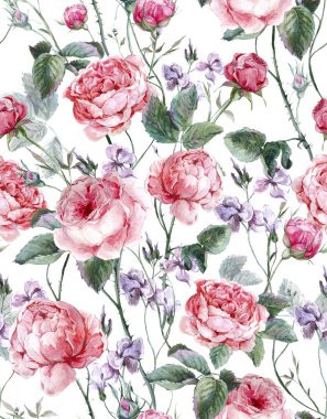 Classical vintage floral seamless pattern, watercolor bouquet of English roses and wildflowers