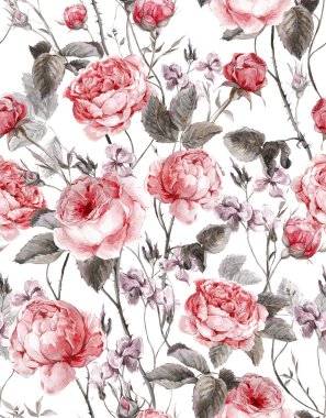 Classical vintage floral seamless pattern, watercolor bouquet of English roses and wildflowers