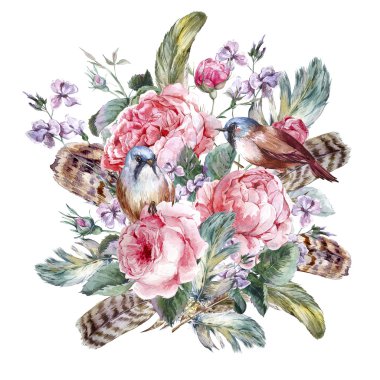 Classical watercolor floral vintage greeting card with rose birds and feathers