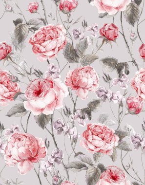 Classical vintage floral seamless pattern, watercolor bouquet of English roses and wildflowers