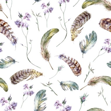 Watercolor floral vintage seamless pattern with feathers