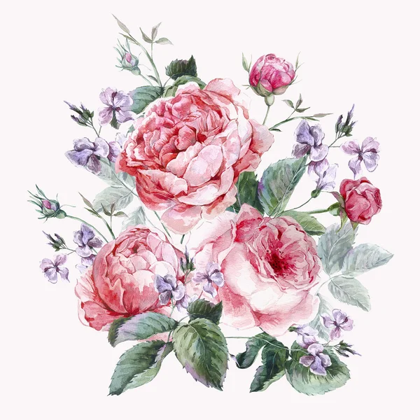 Clássico vintage floral cartão de saudação, bouquet aquarela de rosas inglesas — Fotografia de Stock