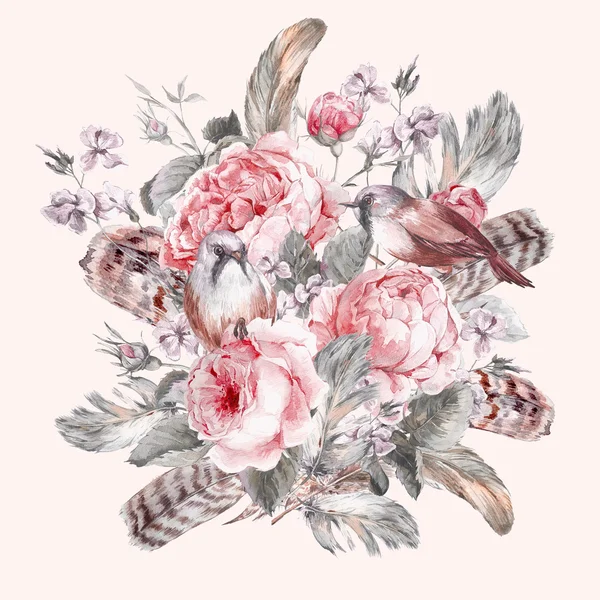 Clásica tarjeta de felicitación vintage floral acuarela con rosa pájaros y plumas — Foto de Stock
