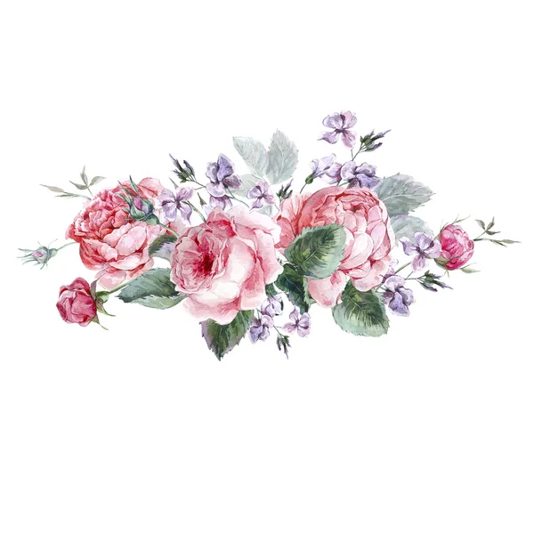 Tarjeta de felicitación floral clásica vintage, ramo de acuarela de rosas inglesas — Foto de Stock