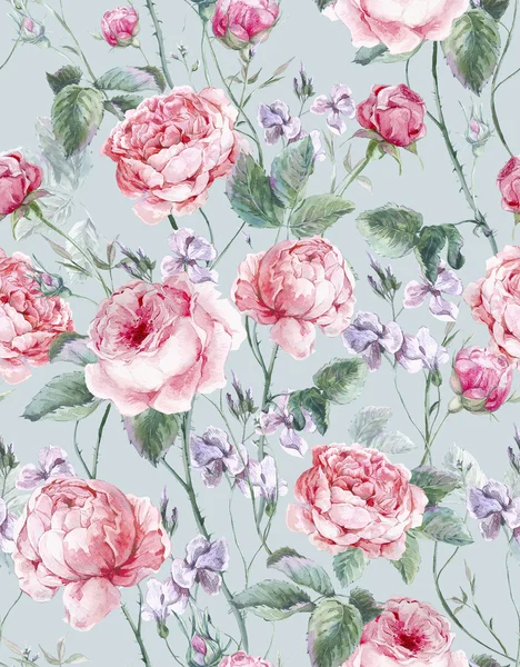 Classical vintage floral seamless pattern, watercolor bouquet of English roses and wildflowers — ストック写真