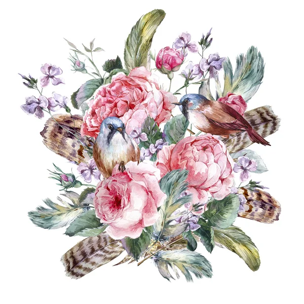 Classical watercolor floral vintage greeting card with rose birds and feathers — 스톡 사진