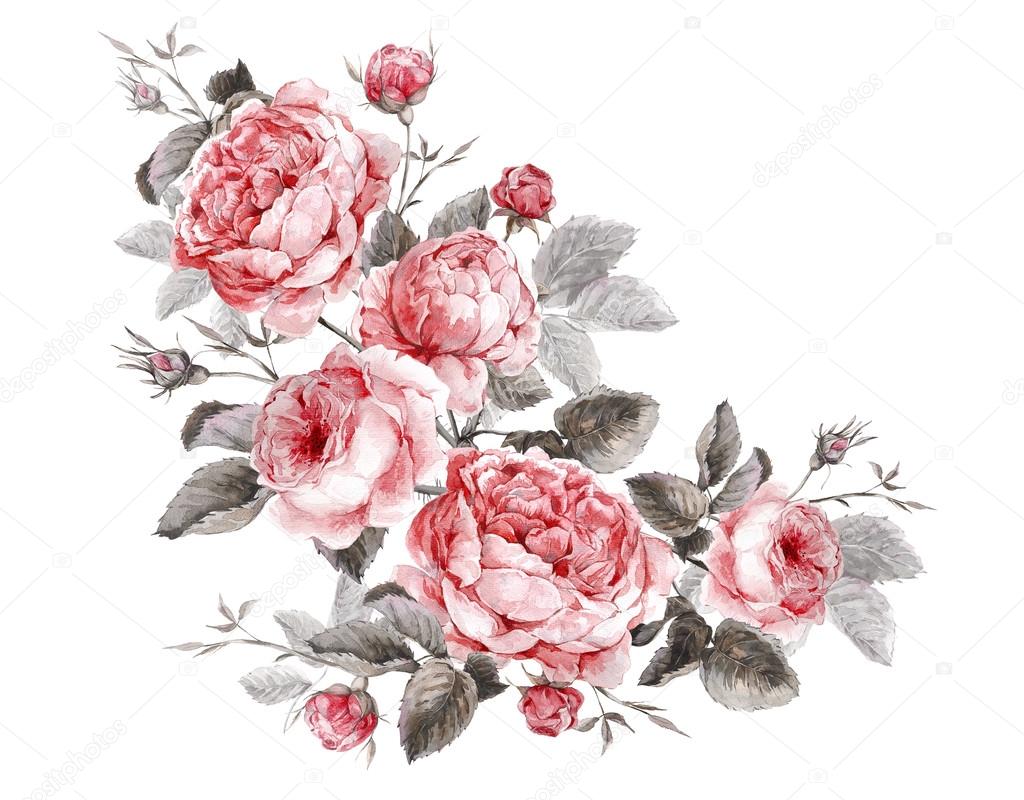 Classical vintage floral greeting card, watercolor bouquet of English roses