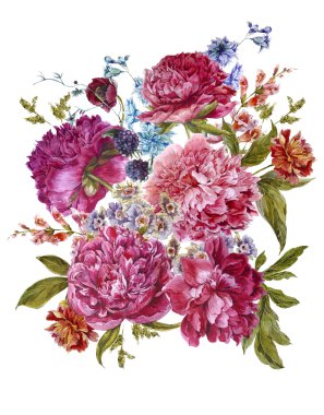 Bordo Peonies Vintage tarzı ile suluboya çiçek buketi